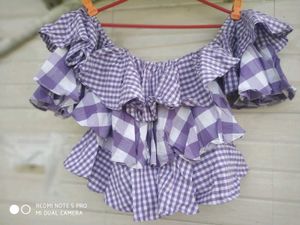 White & Purple Checked Off Shoulder Top