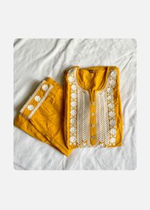 Mustard Yellow Cotton KurtiSetWhite Embroidery