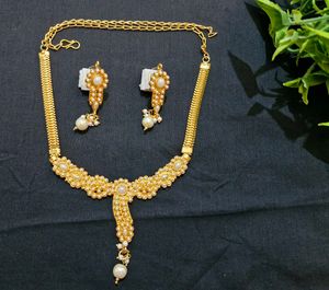 Gold &amp; Pearl Necklace With Earrings