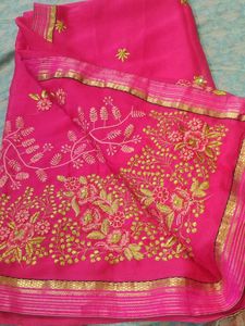 Pink Crepe Embroidered Saree With Blouse