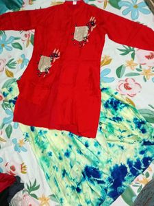 Red Kurti with Tie-Dye Skirt Set