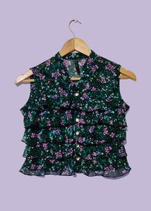 Green Floral Ruffled Crop Top