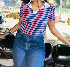 Striped Polo Crop Top