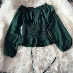 Green Off-Shoulder Ruffle Blouse