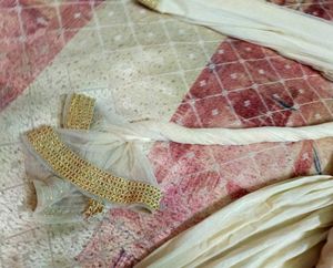 Elegant Cream Anarkali Gown Pearl Net Dupatta