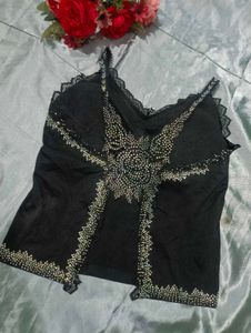Black Rainbow 🌈 Rhinestone Trim Cami
