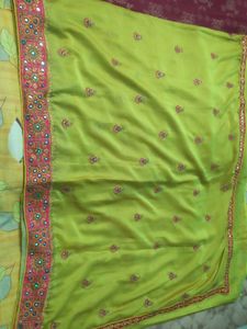 Lime Green Heavy Border Work Saree