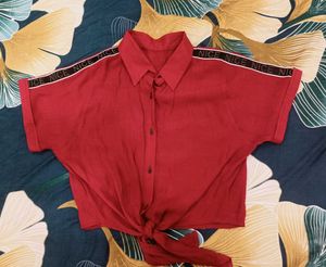 Red Tie-Front Button Down Top