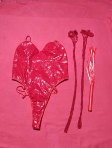 Red Hot Vinyl Bodysuit Stockings &amp; Hand Straps