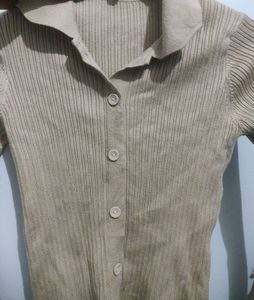 Collared Ribbed Button Detailed Top