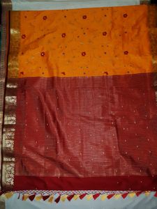 New smooth Silk saree turmeric yellow- maroon