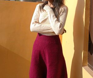 Burgundy A-Line Skirt And Cream Top For Winter