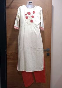 White&amp;Red Embroidered Kurti Set.