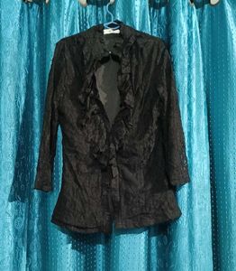 Black Lace Ruffle Front Blouse