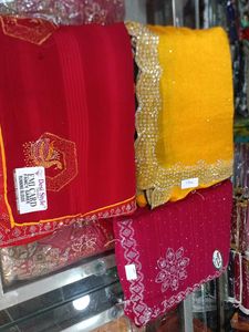 Designer Sarees - Red, Yellow, & Maroon 3pc Combo