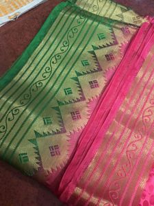 Peach/Pink &amp; Green Saree With Stitched Blouse