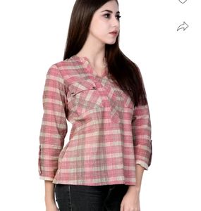 Mandarin collar Pink Checked Women Shirt