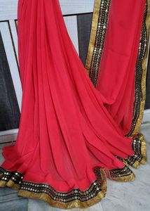 Red And Gold Toned Sequence Embroidered Saree