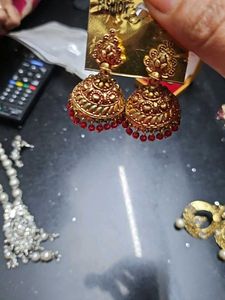 Red &amp; Gold Jhumka Earrings