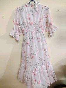 Beautiful Floral Printed White Korean Style Dress