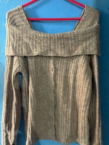 Beige Ribbed Knit Off shoulder