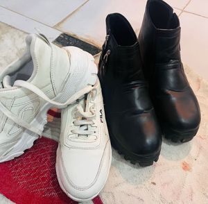Fila White Sneakers &amp; Black Boots