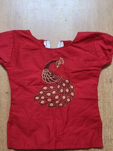 Kerala, Onam Top, Red Peacock Embroidered To