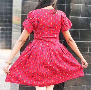 Cotton Short Dress With Adjustable Puffy Sleeve