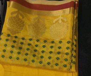 Unused Yellow Cotton Blend Saree