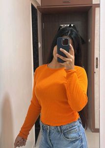 Orange Ribbed Long Sleeve Top