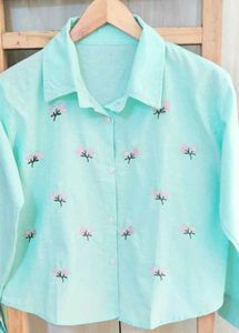 Light Green Embroidery Work Cotton Shirt Size-36