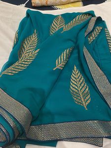 Teal &amp; Gold Leaf Saree