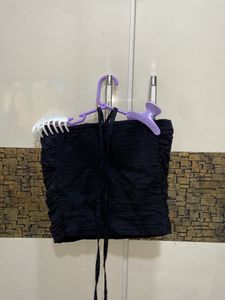 halter neck padded black crop top