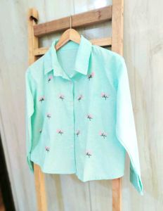 Light Green Embroidery Work Cotton Shirt Size-36