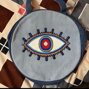 Round Denim Embellished Evil Eye Bag