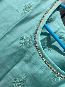 Sea Green Kurta With White Shine Work And Golden Patti