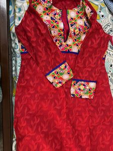 Kota Red With  Patch Attached Kurta