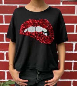 Black Y2k Sequin Lips Tee