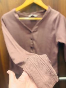 Mauve Ribbed Button-Front Top