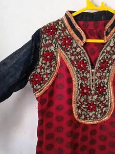 Red Kurti || Printed And Worked