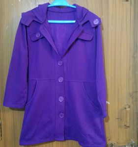 Purple Hooded Button-Down Coat