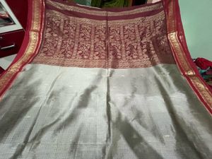 Grey And Red Combination Beautiful Saree