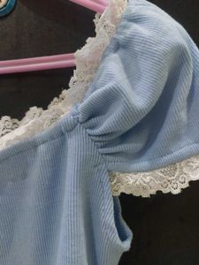 Blue Ribbed Crop Top with Lace Trim