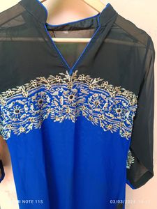 Blue Embroidery Tilla Work A line Kurti