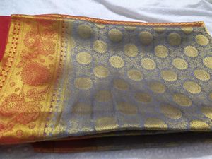 Grey And Red Banarasi Saree
