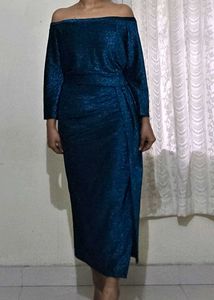 Teal Blue Cocktail Glitter Dress With Slit UK