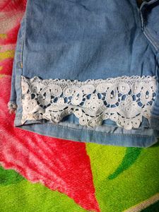 Denim Shorts with Lace &amp; Fringe Details