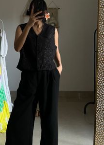 Vintage Printed Jacquard Black Waist Coat