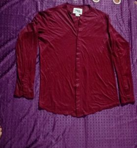 ZARA Burgundy Regular Fit Mao Collar Long Sleeve