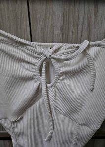 White Ribbed Tie-Front Top